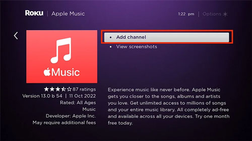add apple music channel to roku tv