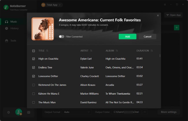 add music to noteburner tidal music converter