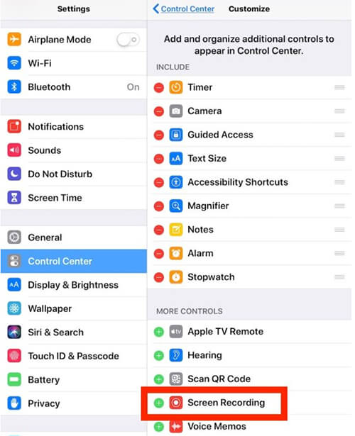 add screen recording to control center iphone
