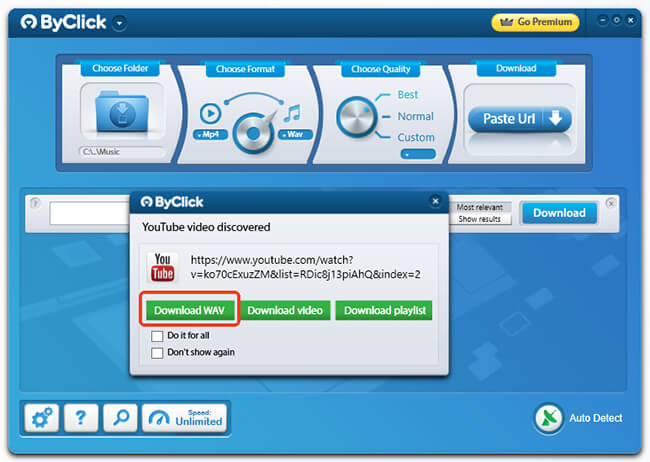 add youtube link to download wav byclick