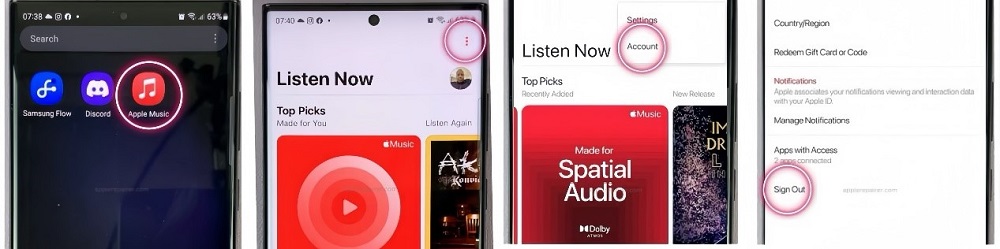 log out of apple music on android