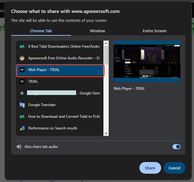 choose tidal web player tab to record