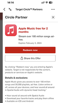 redeem free apple music target offer