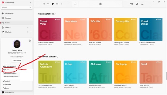 log out of apple music on windows pc