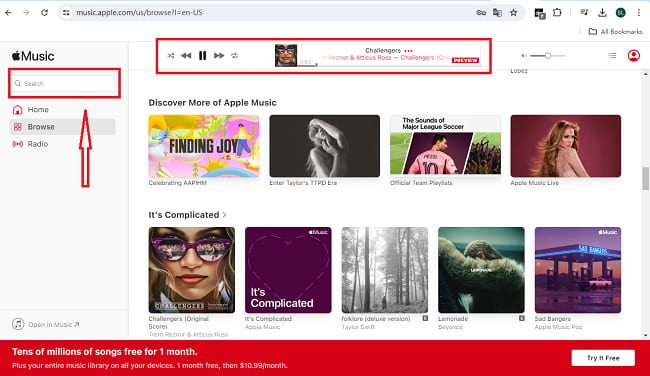 search apple music on web player