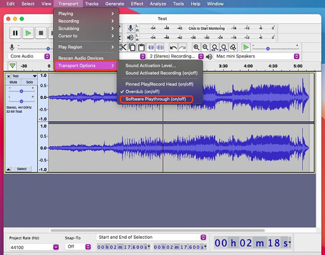 turn software playthrough off in audacity