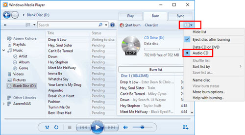 audio cd option in wmp