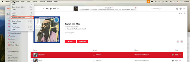 burn playlist to disc option in music app