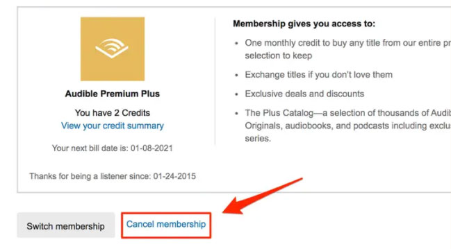 cancel audible menbership option