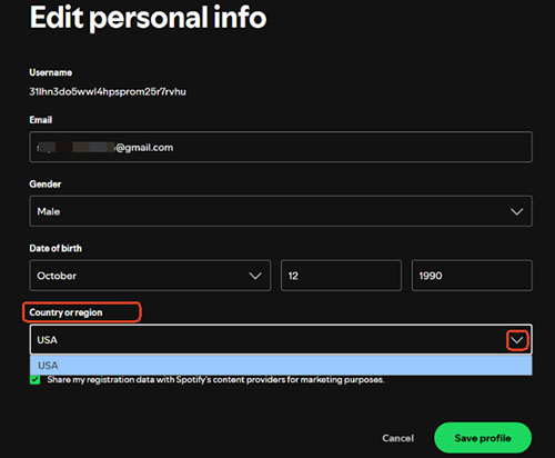 change spotify country or region