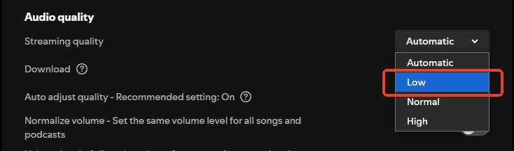 change spotify streaming quality to low