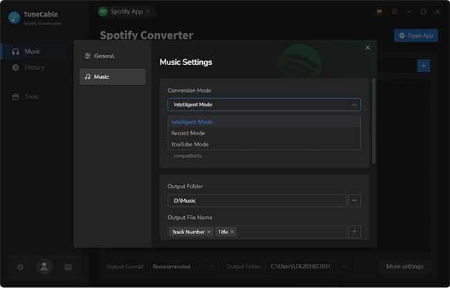 choose spotify conversion mode in tunecable