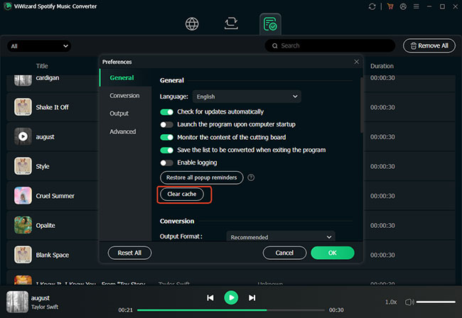 clear cache in viwizard spotify music converter
