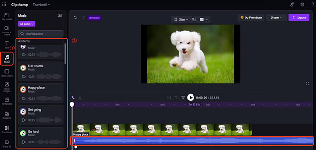 clipchamp built in music library