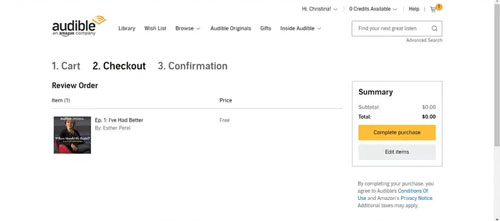 complete purchase on audible website