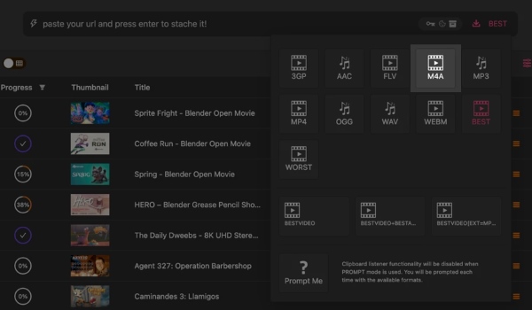 convert youtube to m4a via stacher