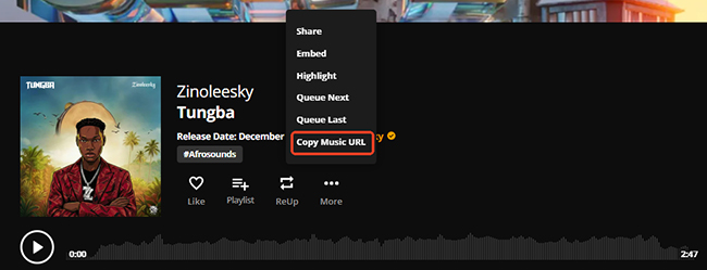 copy audiomack music url