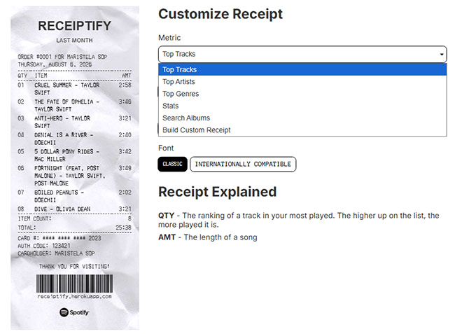 customize spotify music metric in receiptify