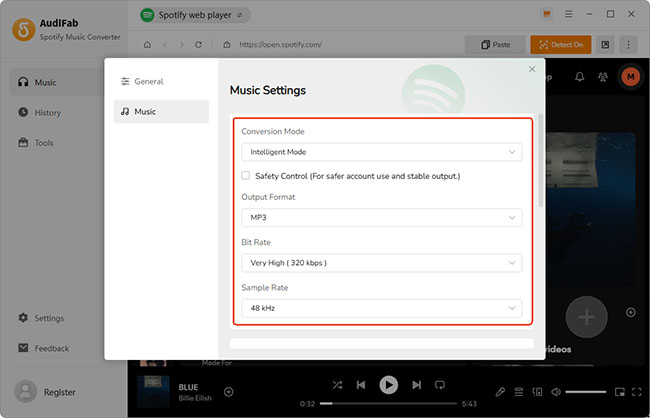 customize spotify output parameters audifab