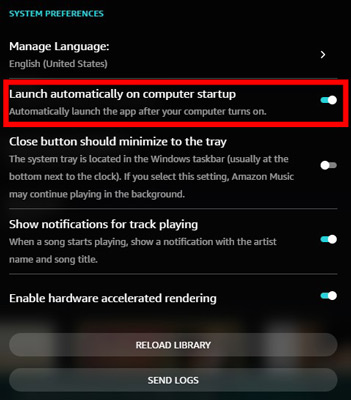 how to stop amazon music on startup via app