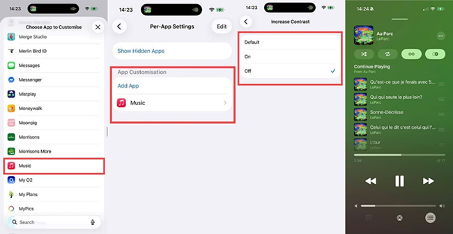 disable increase contrast only for apple music