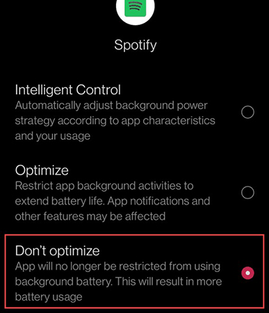 disable battery optimization for spotify on android