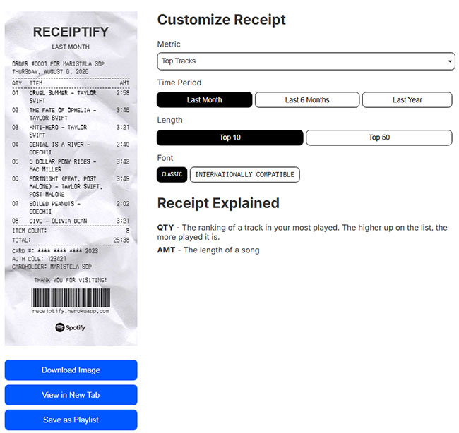 download spotify receipt image via receiptify
