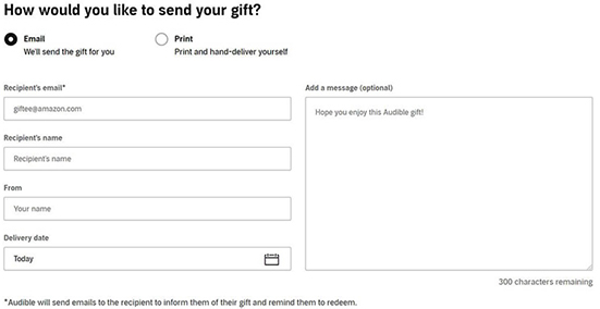 enter audible gift book information