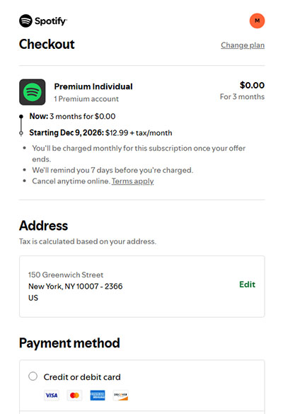 enter payment method to subscribe spotify premium