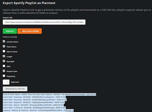 export spotify playlist to txt spotlistr