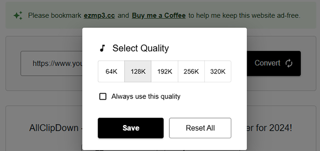 ezmp3 select youtube mp3 audio quality