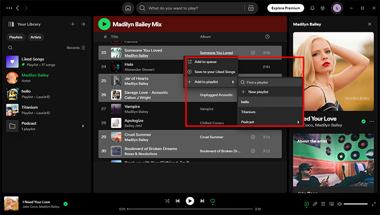 Right click to add to playlist on Spotify