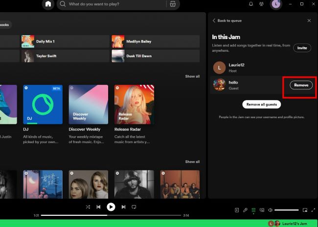 Hover to remove friends from jam