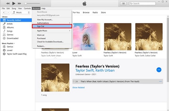 log out of apple msic on itunes