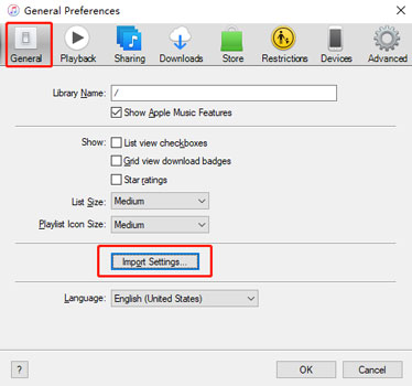 click import settings in general tab
