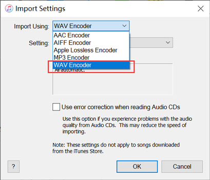 choose wav encoder in import using