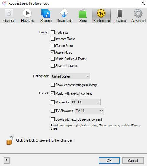 turn off explicit content on itunes restrictions preferences