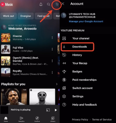 locate youtube music downloads mobile
