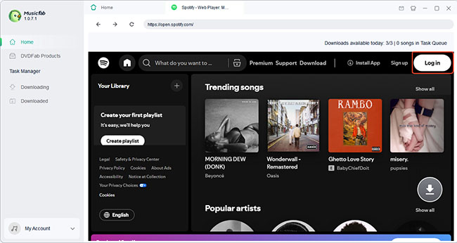 log into spotify within musicfab