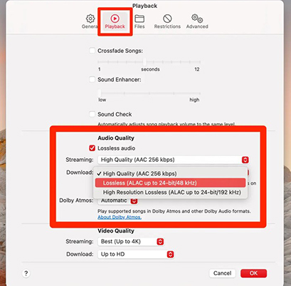 change to lossless apple music on mac