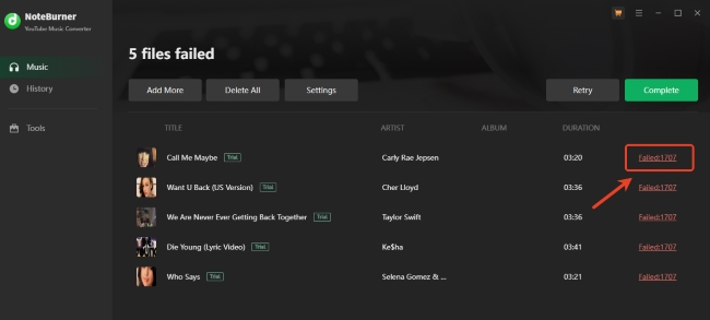 noteburner 1707 error