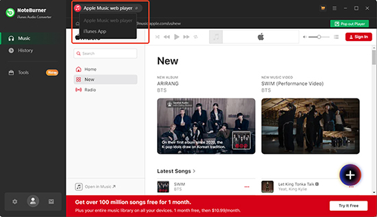 noteburner apple music converter log into