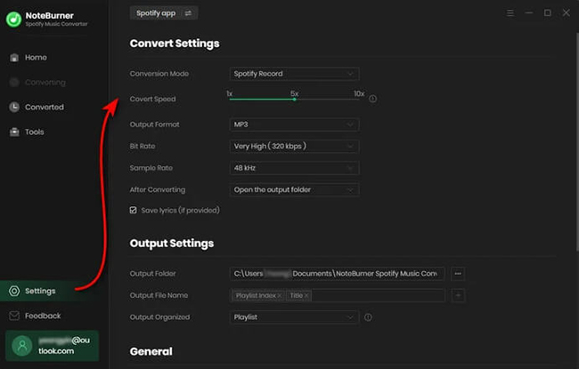 adjust settings in noteburner spotify music converter
