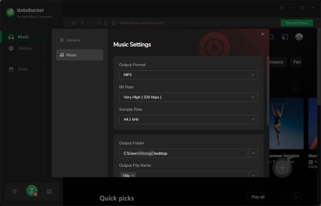 adjust youtube output settings noteburner