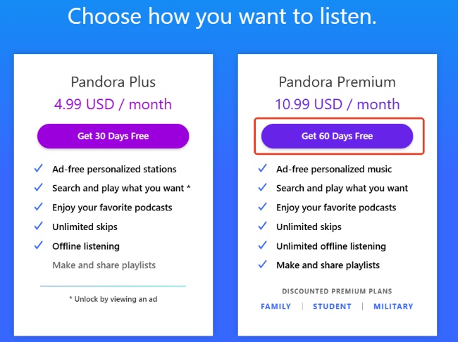 pandora premium free trial