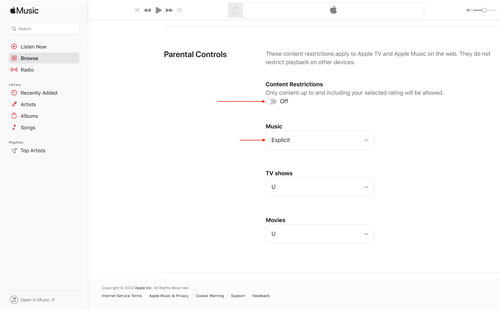 turn off explicit on apple music web player
