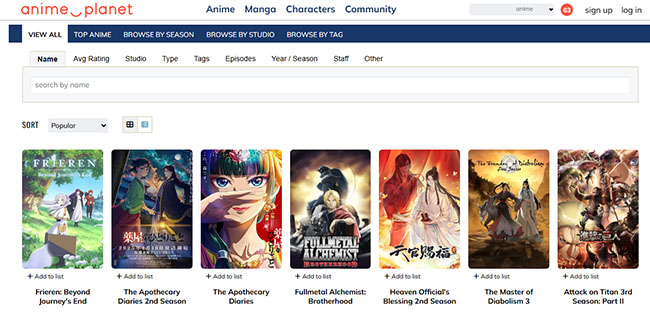 popular anime titles on anime planet