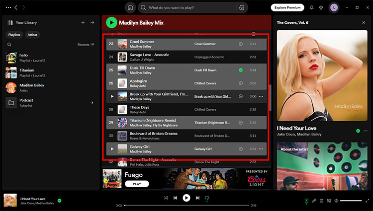 Press Ctrl to select multiple songs on Spotify