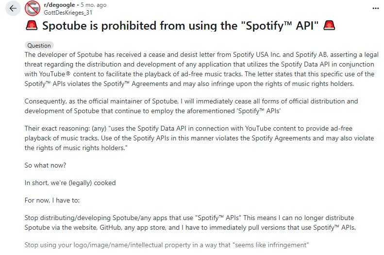 reddit post of spotube author