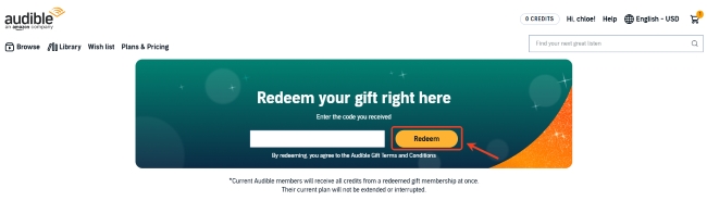 redeem audible gift card